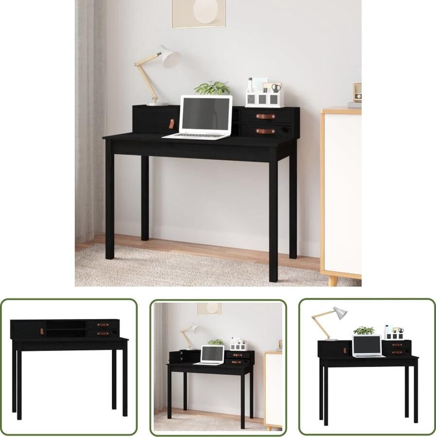 The Living Store Bureau Massief Grenenhout Computerbureau Afmetingen- 110 x 50 x 93 cm Kleur- Zwart Ken- Ruimtebesparend