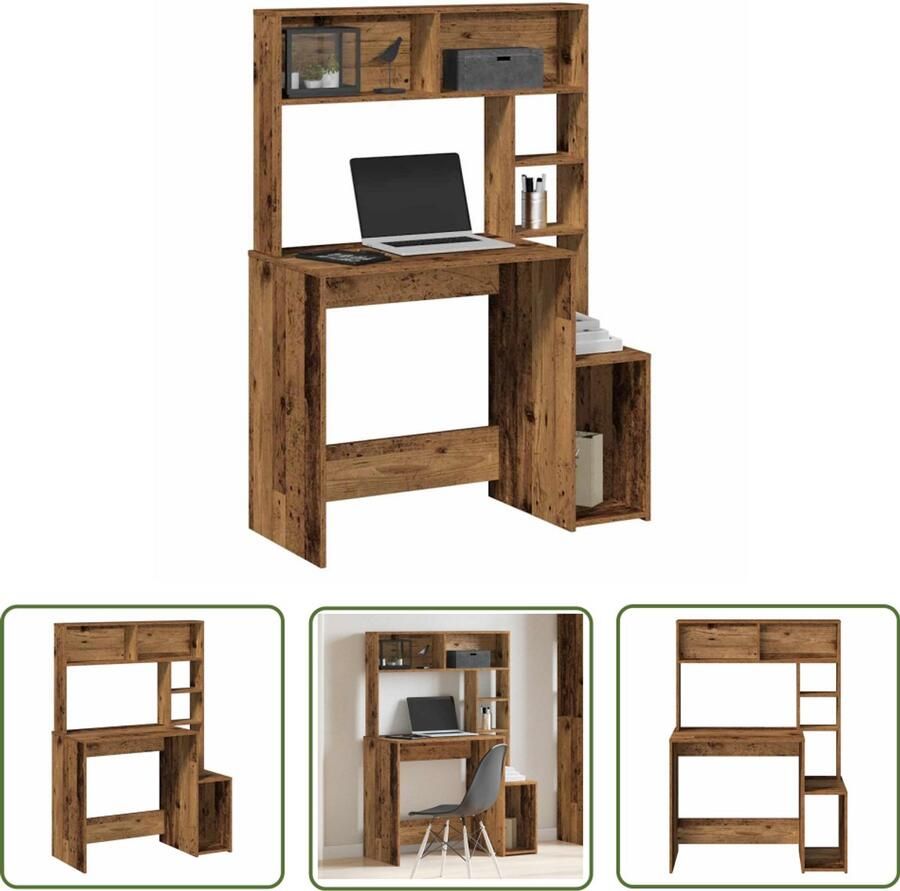 The Living Store Bureau met schappen 100x45x140 cm bewerkt hout oud houtkleurig Kantoormeubilair Bureau Schrijfbureau Houten Bureau Vintage Bureau
