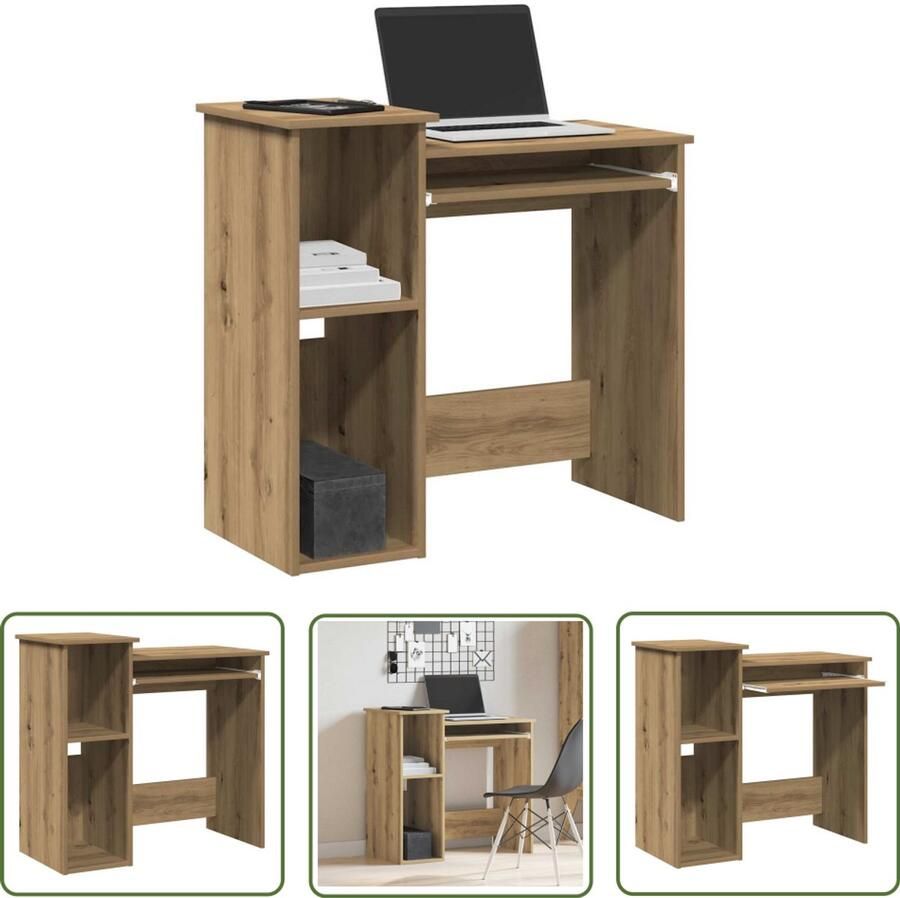 The Living Store Bureau met schappen 84x40x78 cm bewerkt hout artisanaal eiken Kantoormeubilair Bureau Houten Bureau Schrijfbureau Laptopstandaard