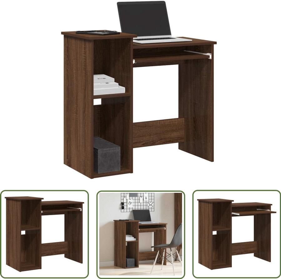 The Living Store Bureau met schappen 84x40x78 cm bewerkt hout bruineikenkleur Kantoormeubilair Bureau Houten Bureau Schrijfbureau Laptopstandaard