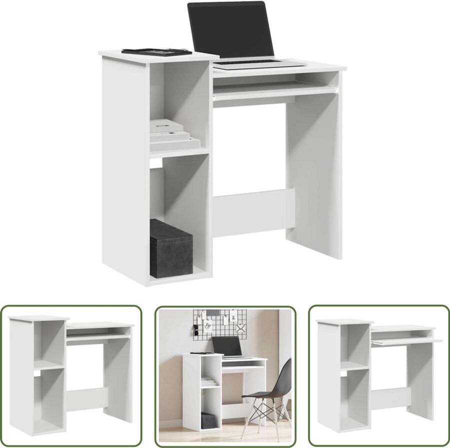 The Living Store Bureau met schappen 84x40x78 cm bewerkt hout wit Kantoormeubilair Bureau Houten Bureau Schrijfbureau Laptopstandaard