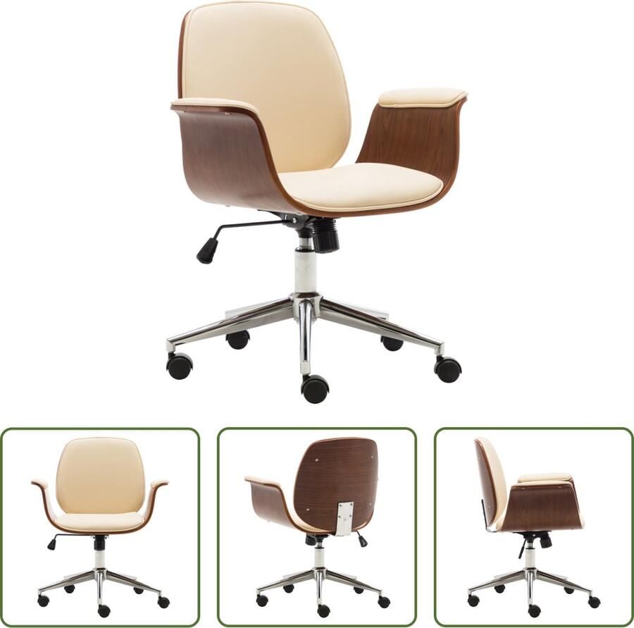 VidaXL The Living Store Kantoorstoel gebogen hout en kunstleer crèmekleurig Kantoorstoel Bureaustoel Kunstleder Creme Kleur Comfortabel - Foto 2