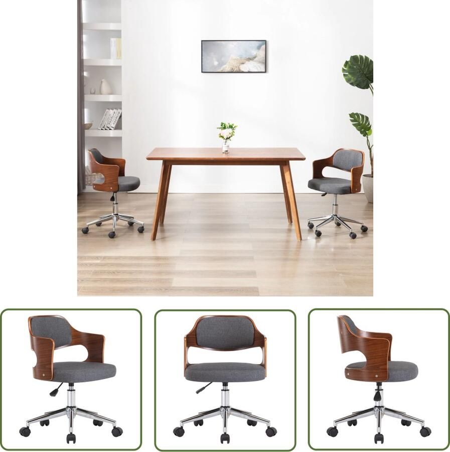 The Living Store Kantoorstoel draaibaar gebogen hout en stof grijs Bureaustoel - Foto 2