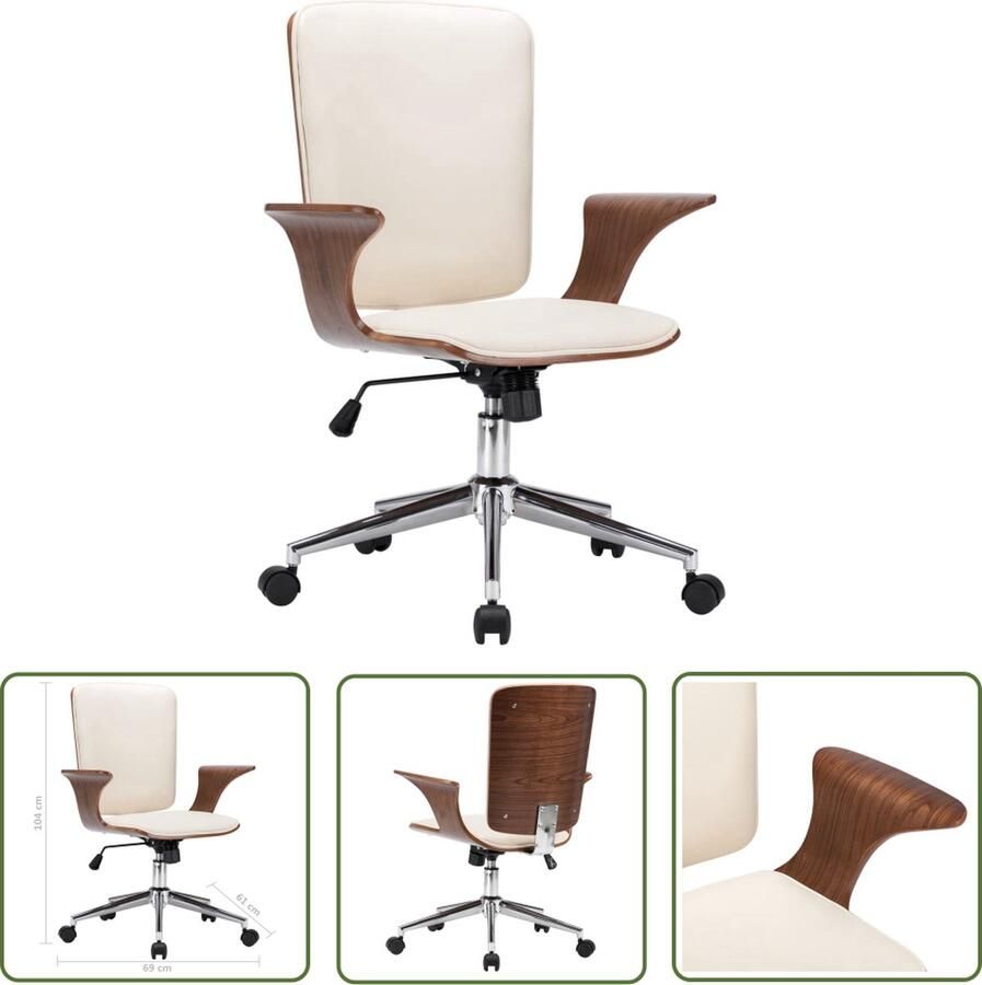 The Living Store Bureaustoel Stijlvolle en comfortabele armstoel in crème kleur Bekleed met zacht kunstleer en uitgerust met gasveermechanisme Afmetingen 69x61x(92-104)cm Draagvermogen 110kg - Foto 2