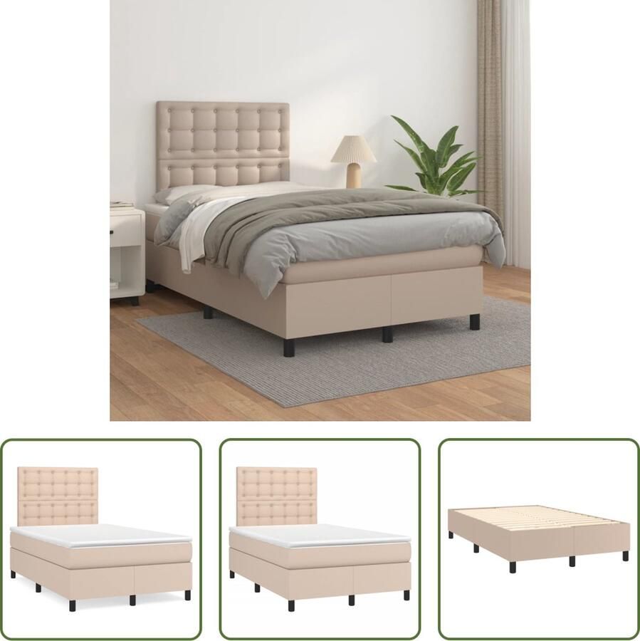 The Living Store Cappuccino Boxspringbed Kunstleer 203x120x118 128 cm Pocketvering matras Boxspringbed Boxsprings Kapstok Bruine Bank Lederlook