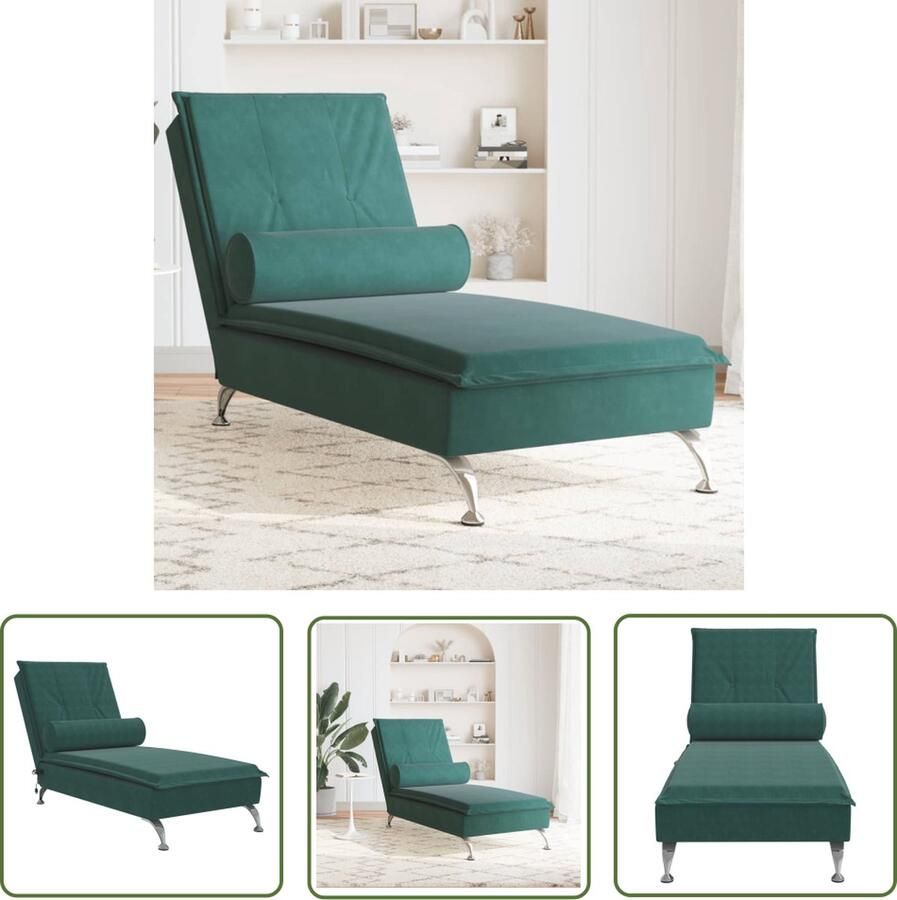 The Living Store Chaise Longue Donkergroen Fluweel Multiplex 136.5 x 56 x 75 cm Trilfunctie Massage Fauteuil Relaxfauteuil Loungestoel Fluweelfauteuil Donkere Fauteuils - Foto 4