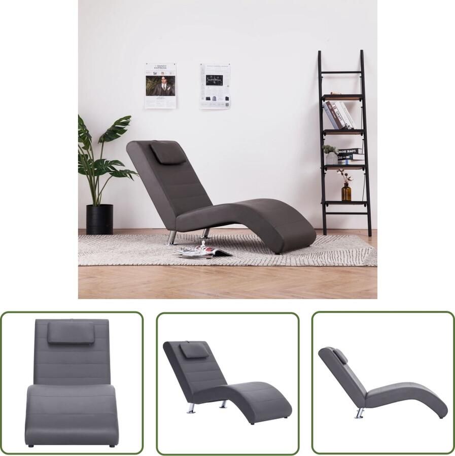 The Living Store Chaise Longue Grijs Houten frame Kunstleren bekleding 144x59x79cm Chaise Lounge Loungestoel Relaxfauteuil Tuinmeubilair Kunstleder Meubels - Foto 3