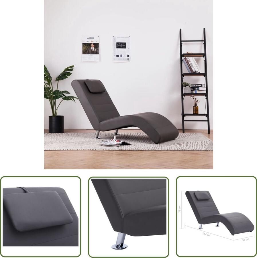 The Living Store Chaise Longue Grijs Houten frame Kunstleren bekleding 144x59x79cm Chaise Lounge Loungestoel Relaxfauteuil Tuinmeubilair Kunstleder Meubels - Foto 2