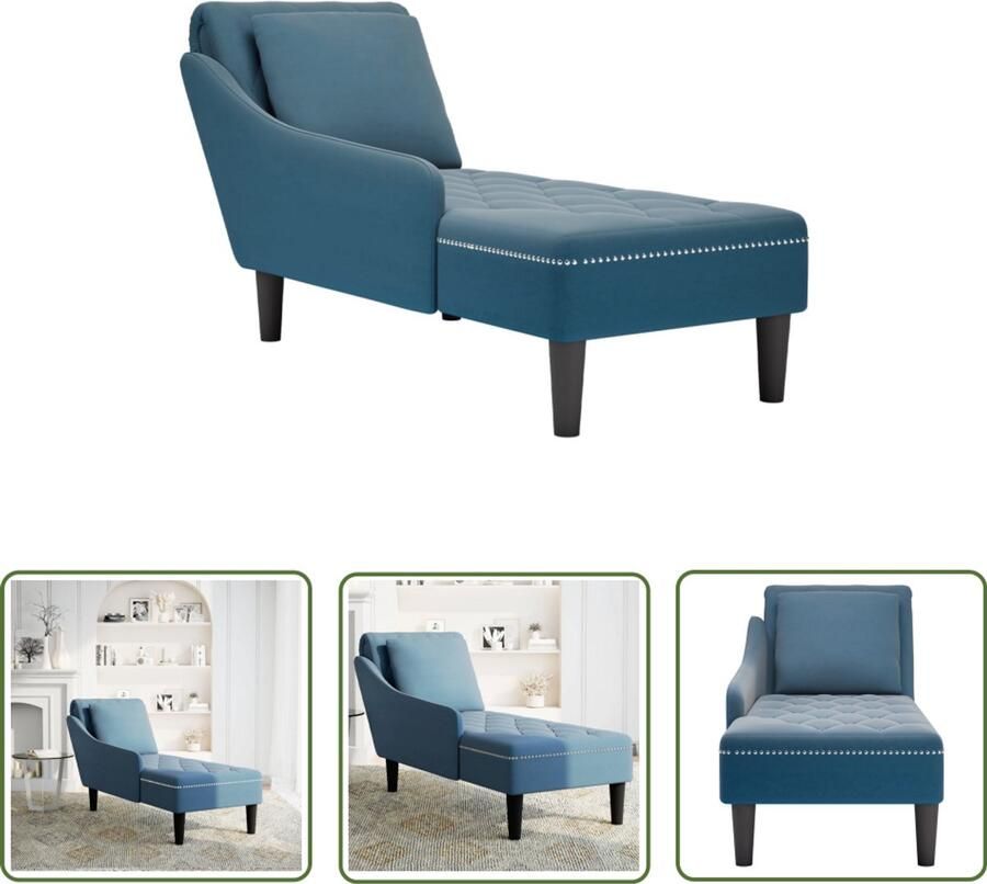 The Living Store Chaise longue met kussen en rechterarmleuning fluweel blauw Chaise Lounge Stoel Velours Fauteuil Relaxstoel Blauwe Chaise Longue - Foto 2