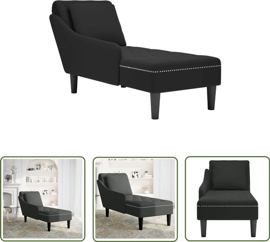 The Living Store Chaise longue met kussen en rechterarmleuning fluweel zwart Chaise Lounge Relaxstoel Velours Fauteuil Zwarte Fauteuils Loungebank - Foto 2