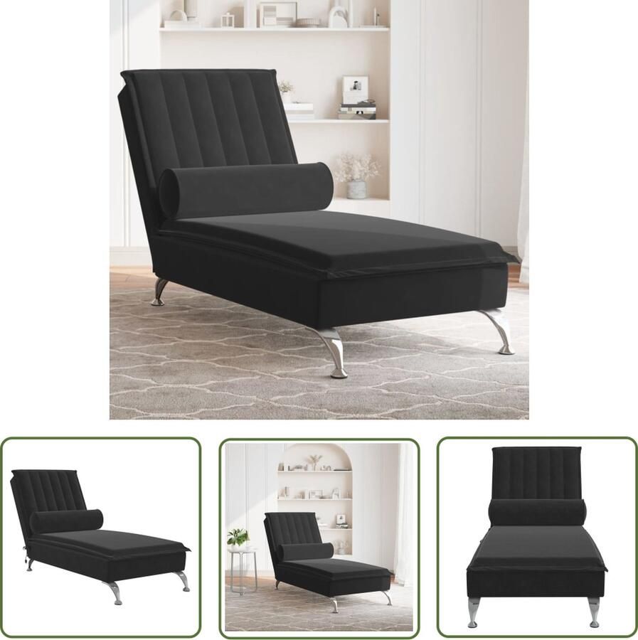 The Living Store Chaise Longue Zwart fluweel Met trilfunctie Multiplex lattenbodem Metalen poten Elegante look 137 x 56 x 75 cm Massage Stoel Relaxstoel Loungestoel Zwarte Chaise Longue Fluwelen Stoel - Foto 2