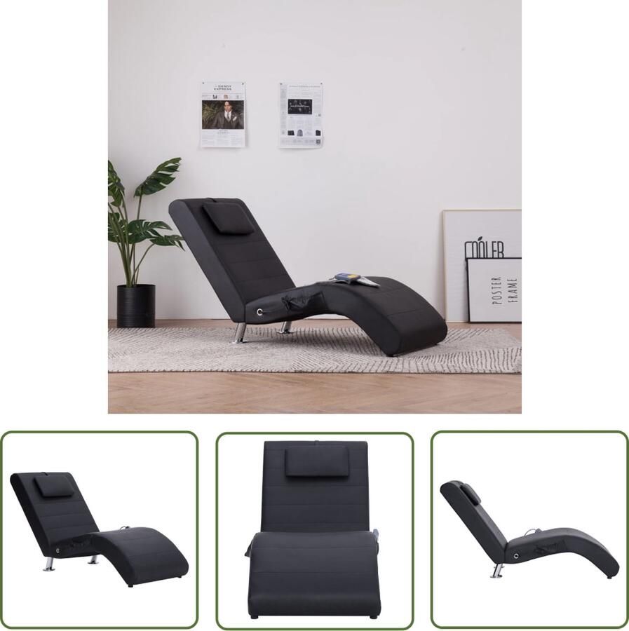 The Living Store Chaise Longue Zwarte Kunstleren Bekleding 144 x 59 x 79 cm Massage Verwarming Massage Fauteuil Lounge Stoel Zitbank Loungestoel Elektrische Massage