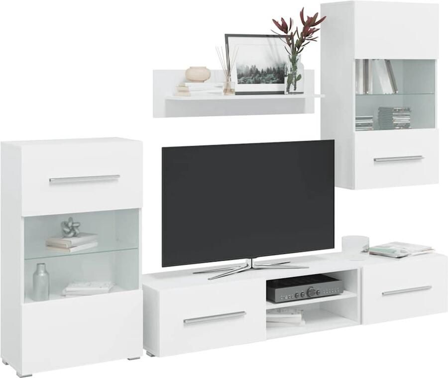 The Living Store Complete Set Muurvitrines 240x40x195cm Hoogglans LED-verlichting Wit