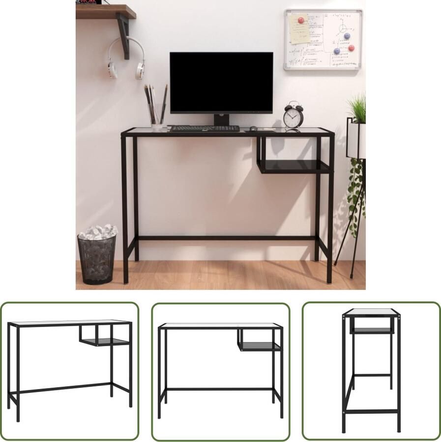 The Living Store Computertafel Zwart Glas en Staal 100 x 36 x 74 cm Computer Tafel Bureaus Zwarte Tafel Industrieel Bureau Modern Bureau - Foto 2