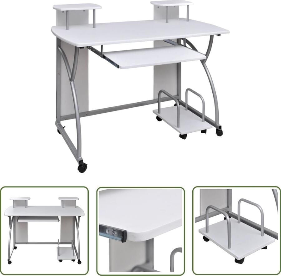 The Living Store Computerbureau Gaming 110 x 52 x 88.5 cm Verplaatsbaar Computerbureau Bureau Gaming Bureau Houten Bureau Wit Bureau - Foto 2