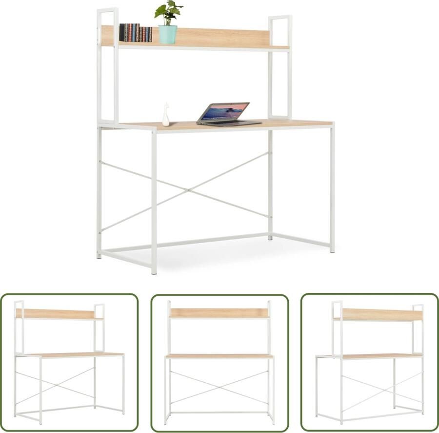 The Living Store Computerbureau wit en eiken 120 x 60 x 138 cm met boekenschap Computerbureau Bureau Houten Bureau Wit Bureau Industrieel Bureau