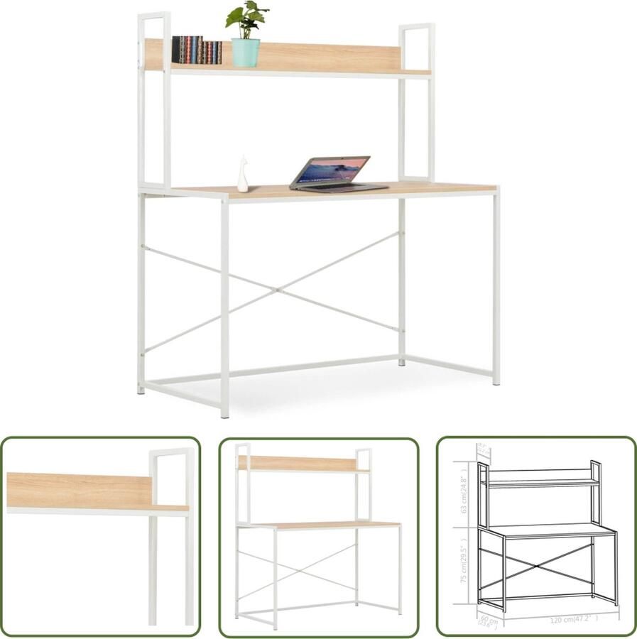 The Living Store Computerbureau wit en eiken 120 x 60 x 138 cm met boekenschap Computerbureau Bureau Houten Bureau Wit Bureau Industrieel Bureau - Foto 2