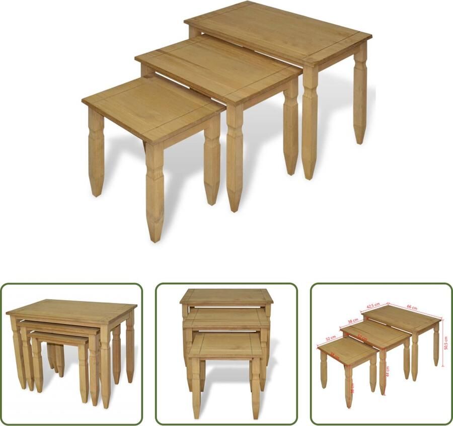 The Living Store Corona Bijzettafeltjes Set Massief Grenenhout Bruin 66x42.5x50.5 cm
