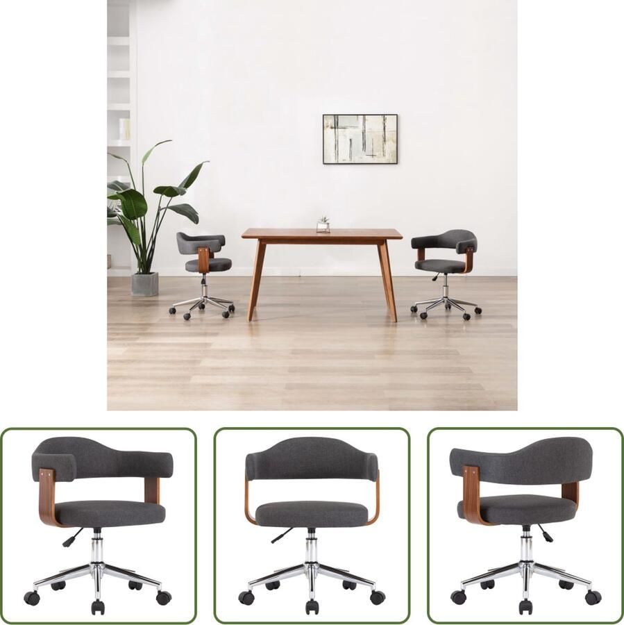 VidaXL The Living Store Eetkamerstoel draaibaar gebogen hout en stof grijs Draaibare Eetkamerstoel Eettafelstoel Eetkamermeubilair Grijze Stoel Modern Interieur - Foto 2