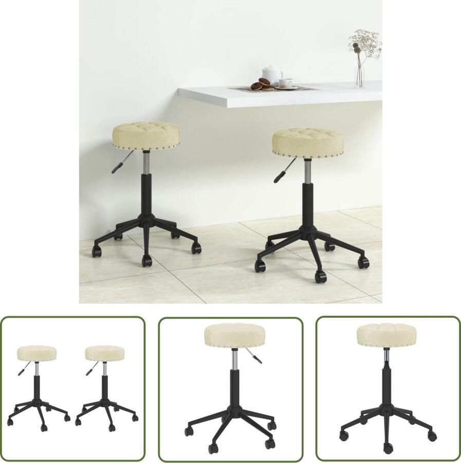 The Living Store Draaibare Eetstoelen Fluweel Zitcomfort Hoogteverstelbaar Draaibaar Rolwieltjes Stabiliteit Crème 32x32cm 48-60cm 26cm 360 graden draaibaar Gasveermechanisme 5 wielen Montage vereist 2 x eetkamerstoel