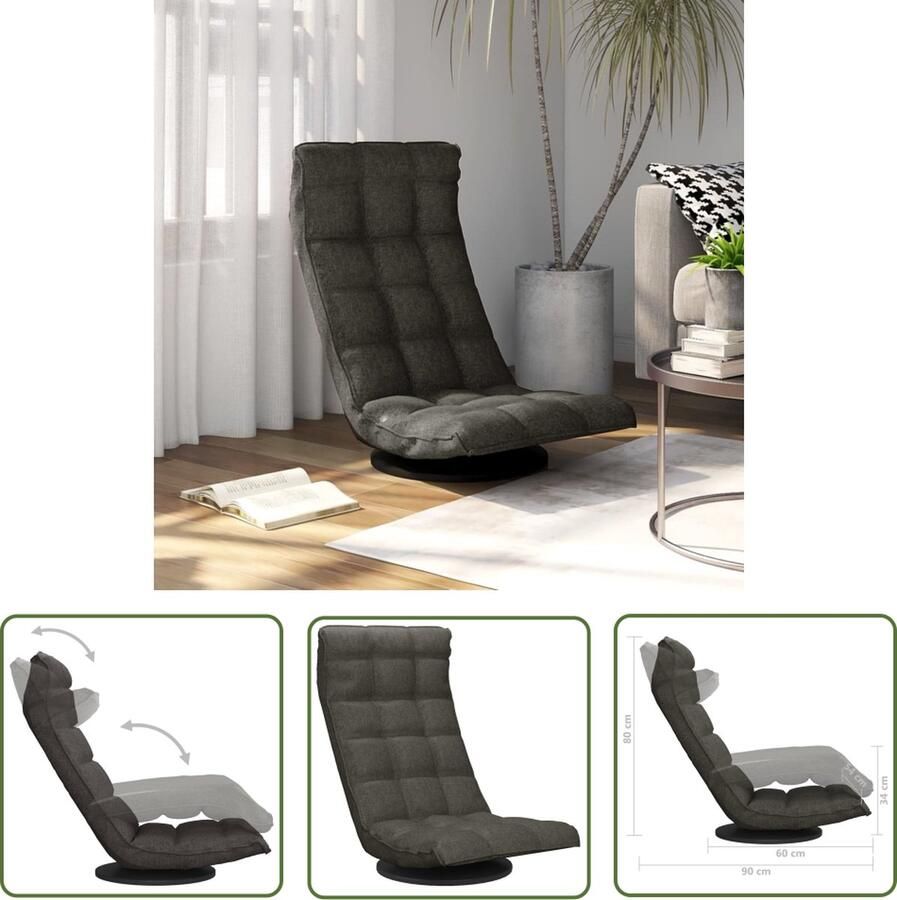 The Living Store Draaibare Vloerstoel Donkergrijs 90 x 54 x 80 cm Verstelbaar Inklapbaar Stoffen bekleding en metalen frame Zitcomfort - Foto 2