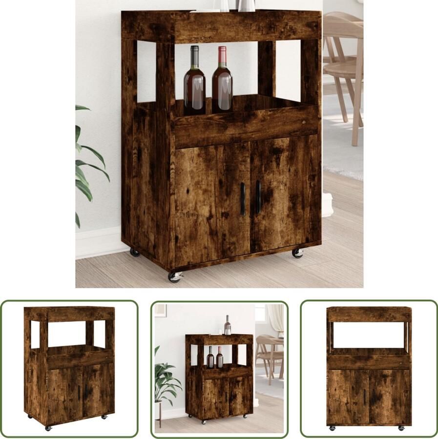 The Living Store Drankkar 60x39 5x89 cm bewerkt hout gerookt eikenkleurig Drankwagen Barwagen Houten Trolley Keukentrolley Opbergwagen