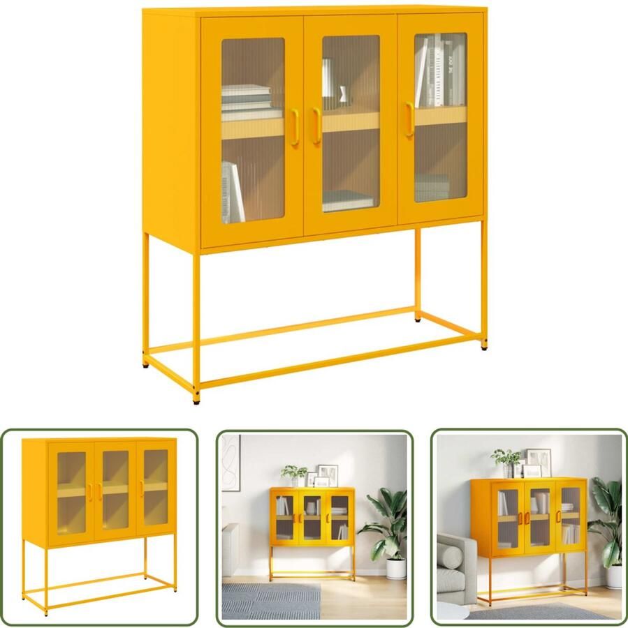 The Living Store Dressoir 100 5x39x107 cm koudgewalst staal mosterdgeel Dressoir Commode Opbergkast Keukenopstelling Salontafel - Foto 2