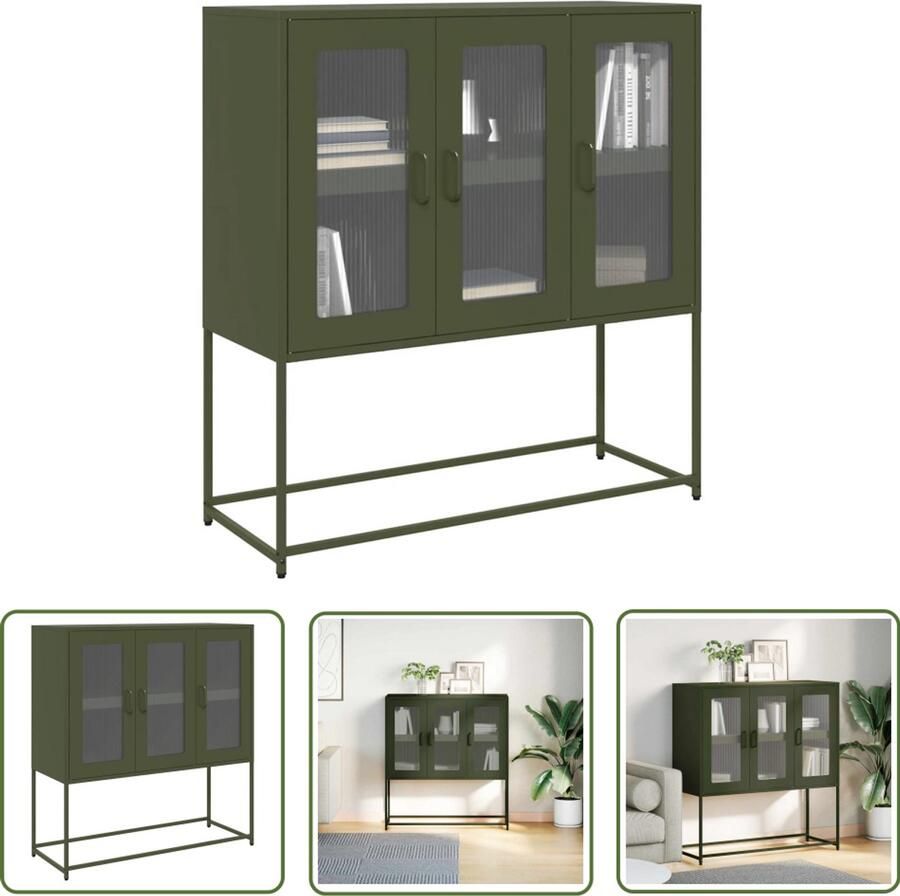 The Living Store Dressoir 100 5x39x107 cm koudgewalst staal olijfgroen Dressoir Opbergkast Keukenmeubilair Salontafel Entreebank - Foto 3