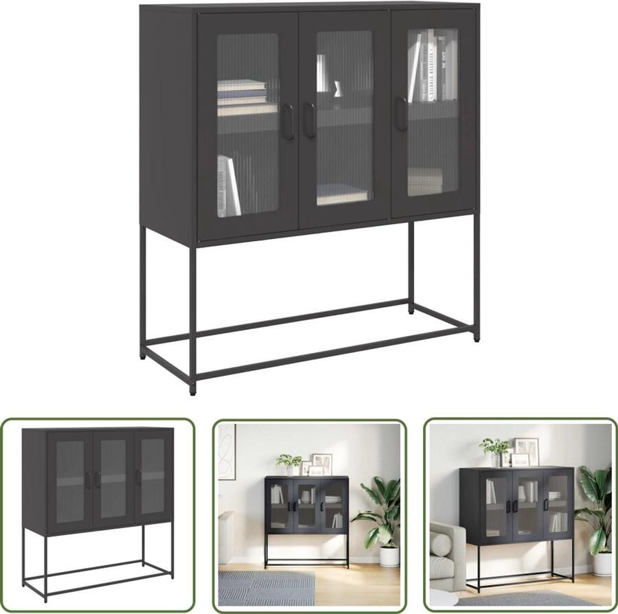The Living Store Dressoir 100 5x39x107 cm koudgewalst staal zwart Dressoir Staaldraad Zwarte Meubels Opslagmeubilair Keukenopslag - Foto 2