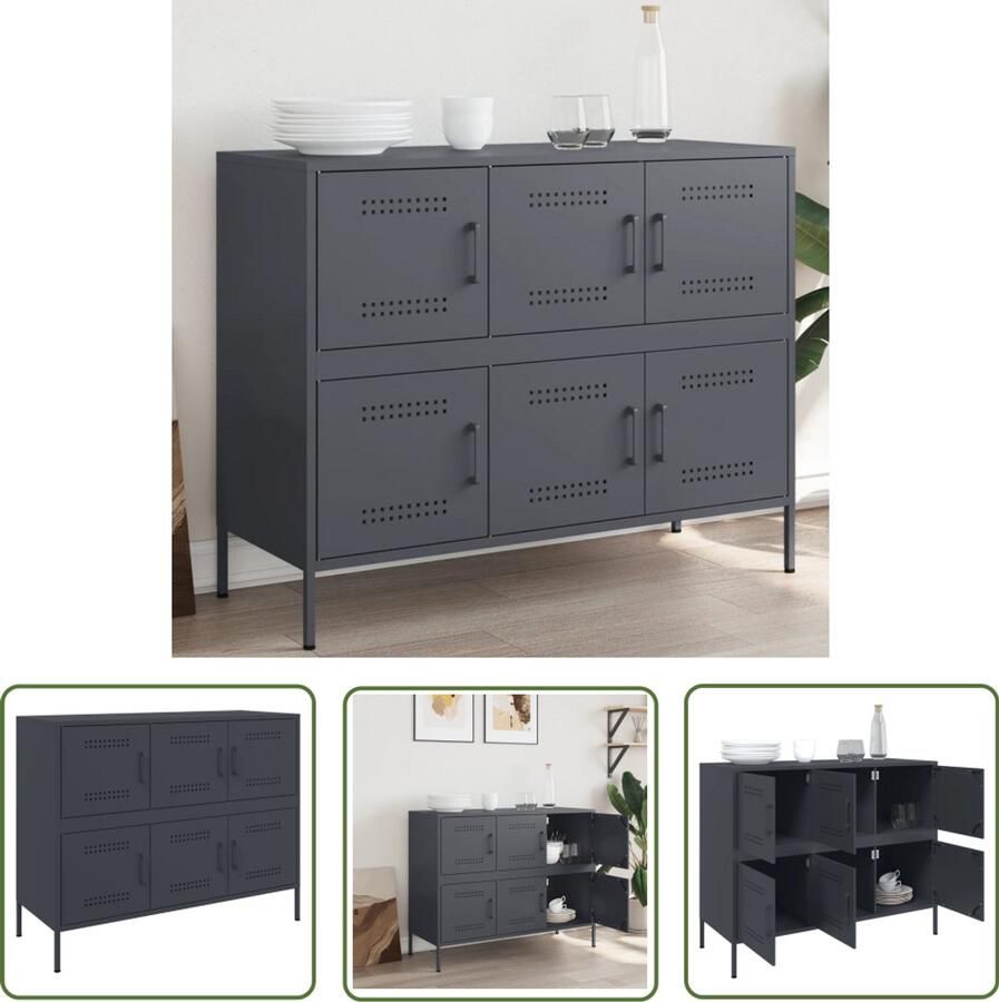 The Living Store Dressoir 100 5x39x79 cm staal antracietkleurig Industriele Dressoir Industrieel Design Stalen Dressoir Opbergkast Salontafel