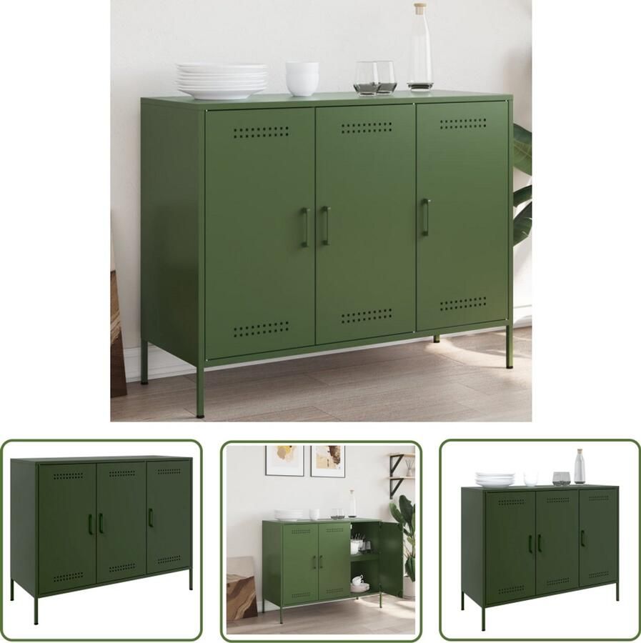 The Living Store Dressoir 100 5x39x79 cm staal olijfgroen Industriële Stijl Dressoir Buffetkast Opbergkast Metalen Kast