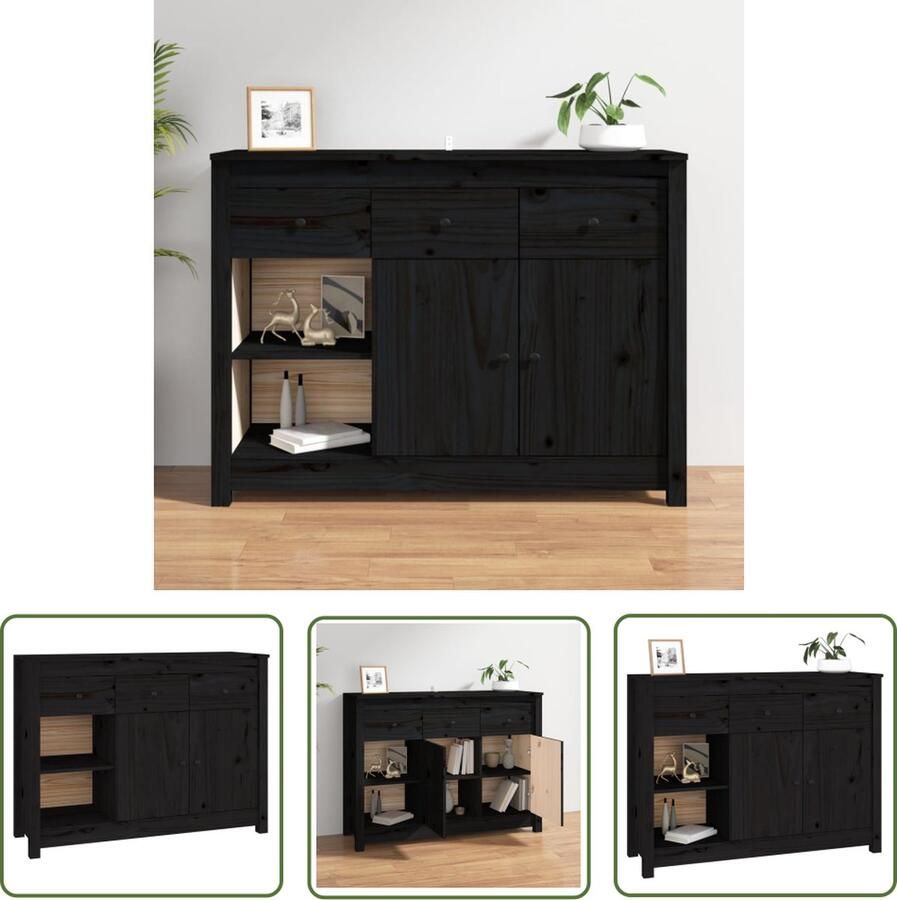 The Living Store Dressoir 100x35x74 cm massief grenenhout zwart Bijzettafel Dressoir Grenoblehouten Meubel Zwarte Kast Opbergkast
