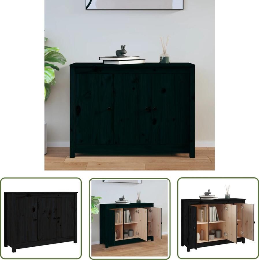 The Living Store Dressoir 100x35x74 cm massief grenenhout zwart Bijzettafel Dressoir Massief Hout Grenoblenhout Zwarte Kast