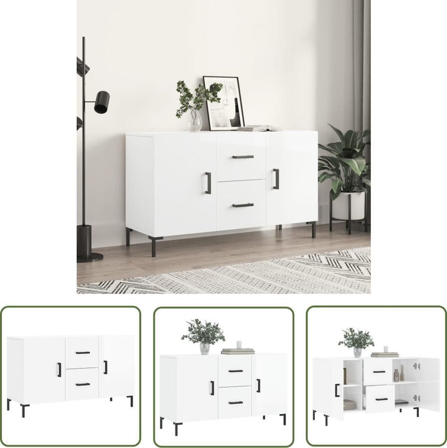 The Living Store Dressoir 100x36x60 cm bewerkt hout hoogglans wit Dressoir Commode Meubilair Woonkamer Slaapkamer