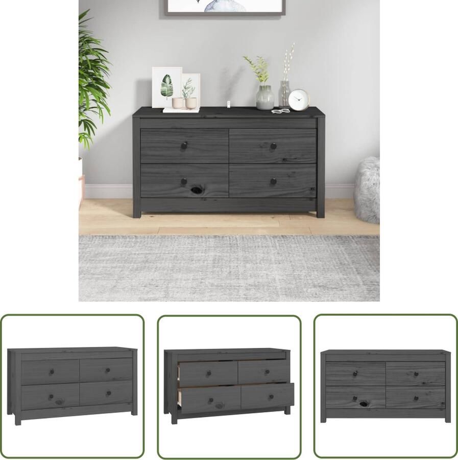 The Living Store Dressoir 100x40x54 cm massief grenenhout grijs Dressoir Grenoble Hout Kamermeubilair Opbergkast Vintage Dresser