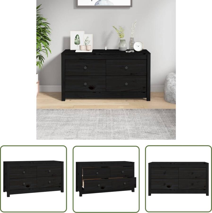 The Living Store Dressoir 100x40x54 cm massief grenenhout zwart Dressoir Houten Dressoir Grenenhouten Dressoir Black Dresser Vintage Dressoir