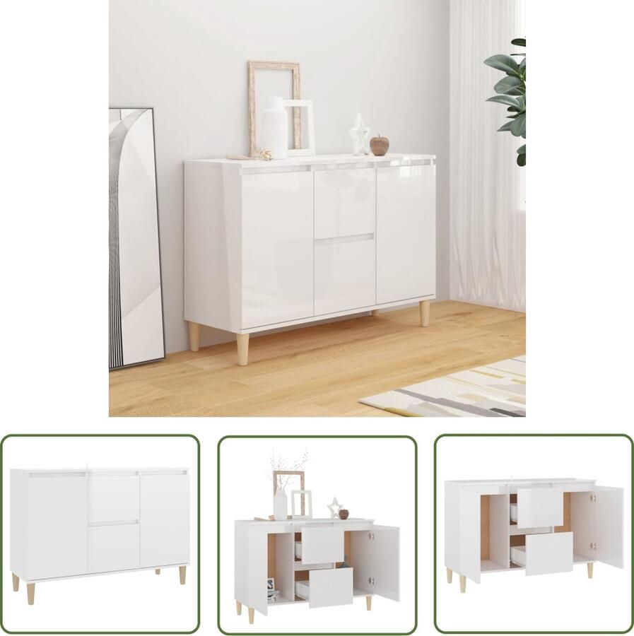 The Living Store Dressoir 101x35x70 cm bewerkt hout hoogglans wit Dressoir Commode Meubilair Salontafel Opslagruimte