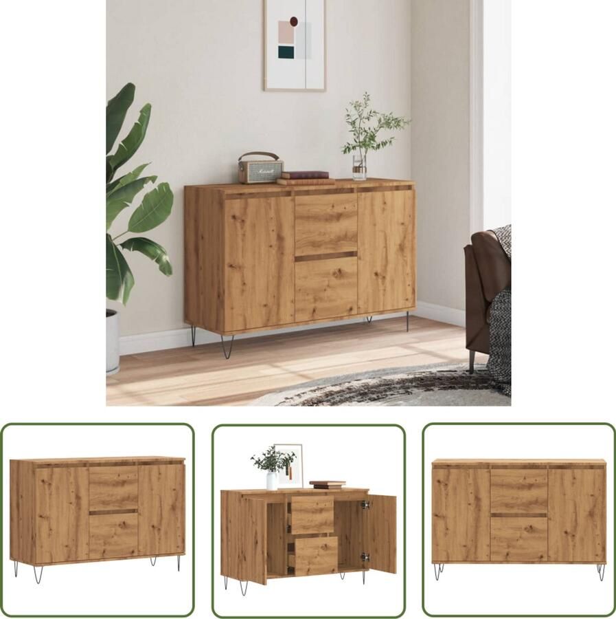 The Living Store Dressoir 104x35x70 cm bewerkt hout artisanaal eikenkleurig Dressoir Kast Opslagoplossing Houten Meubel Landelijke Stijl - Foto 2