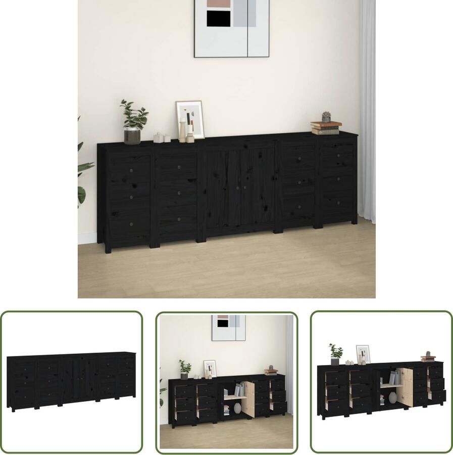 The Living Store Dressoir 230x35x80 cm massief grenenhout zwart Dressoir Houten Dressoir Grenoble Hout Zwarte Dressoir Opbergmeubel