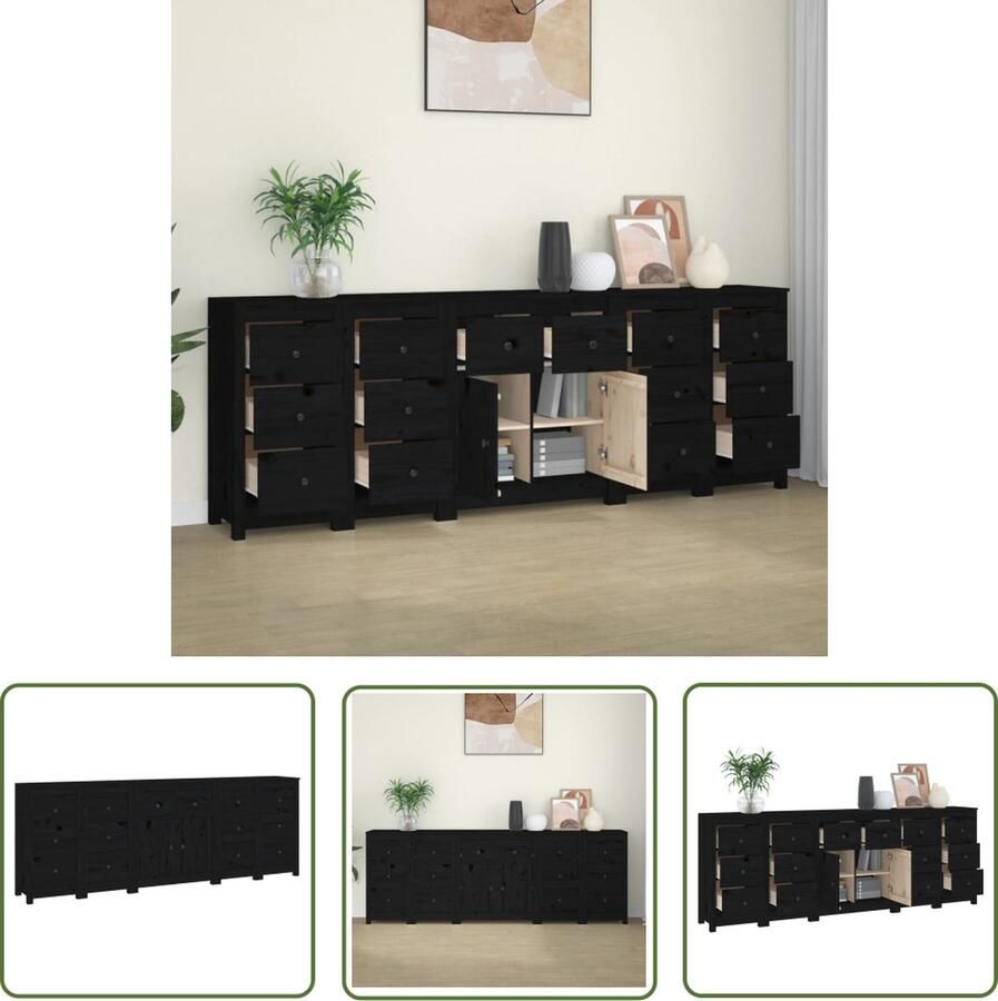 The Living Store Dressoir 230x35x80 cm massief grenenhout zwart Dressoir Houten Dressoir Grenoble Hout Opbergmeubels Salontafel