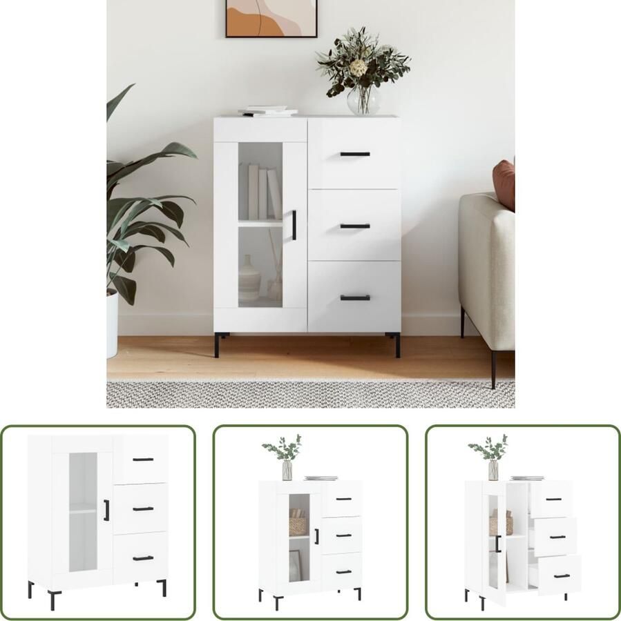 The Living Store Dressoir 69 5x34x90 cm bewerkt hout hoogglans wit Dressoir Klassiek Dressoir Houten Dressoir Witte Dressoir Opbergmeubels - Foto 3