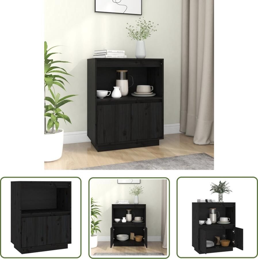 The Living Store Dressoir 60x34x75 cm massief grenenhout zwart Dressoir Opbergkast Grenenhouten Kast Zwarte Kast Salontafel