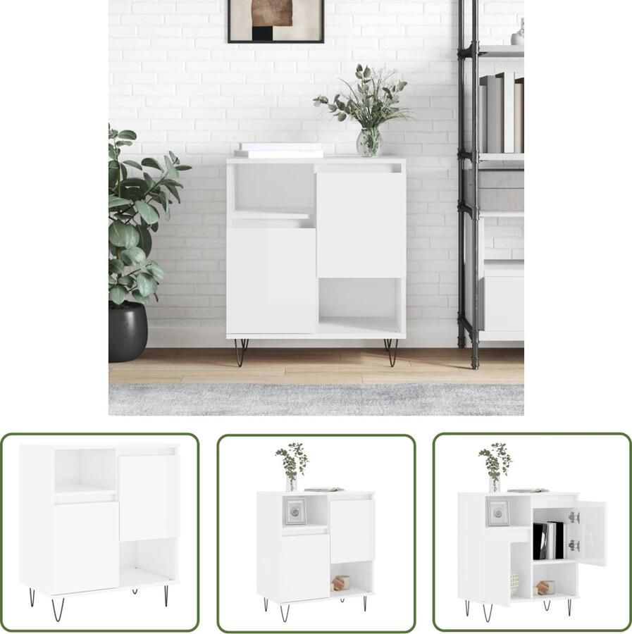 The Living Store Dressoir 60x35x70 cm bewerkt hout hoogglans wit Dressoir Opbergkast Kast Witte Kast Houten Dressoir