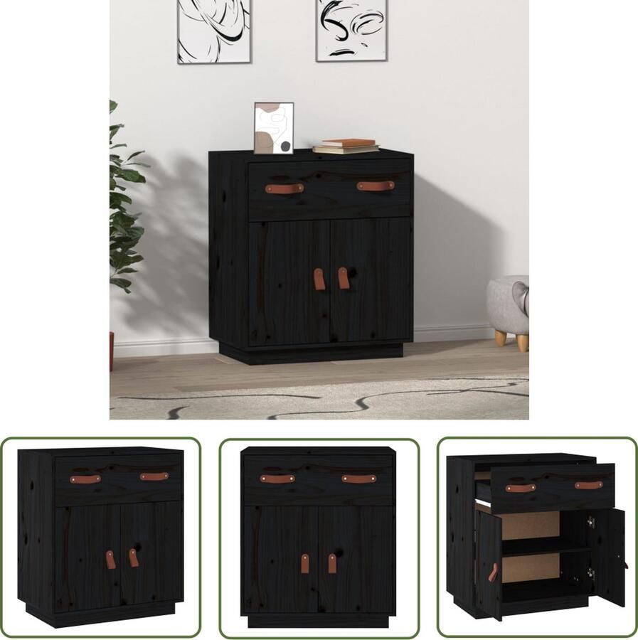 The Living Store Dressoir 65 5x40x75 cm massief grenenhout zwart Dressoir Opbergkast Grenenhouten Meubel Vintage Dresser Landelijke Commode