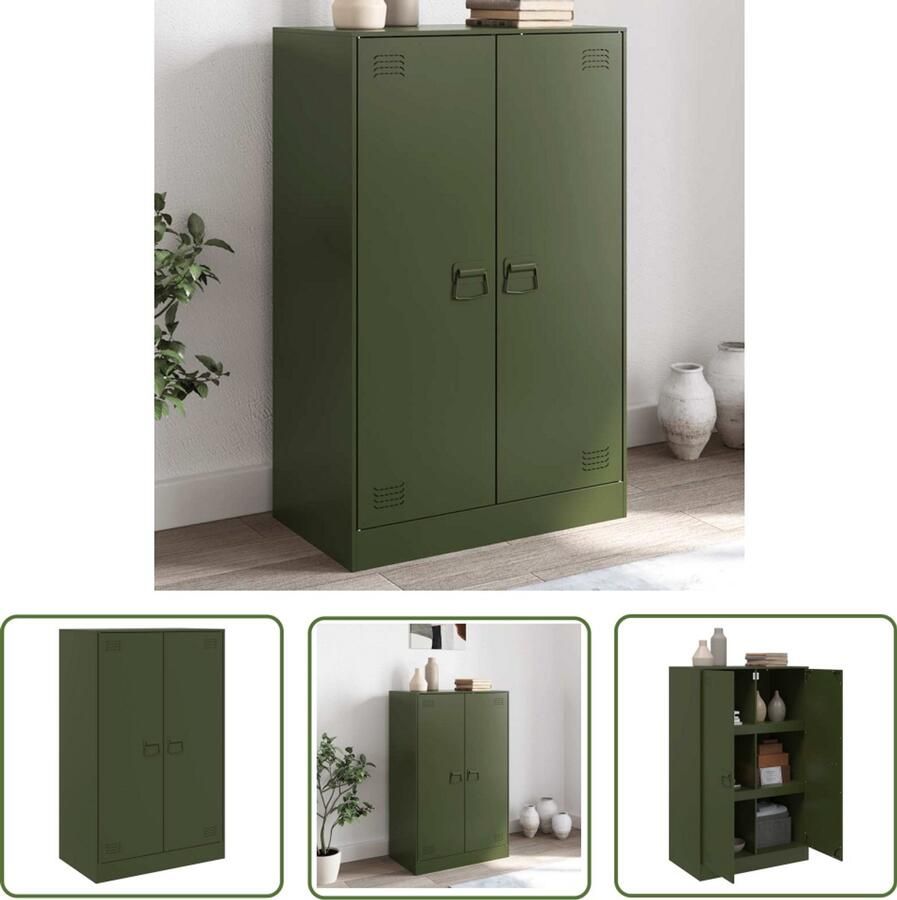 The Living Store Dressoir 67x39x107 cm staal olijfgroen Televisiescherm Kast Tv Stand Mediabox Opbergkast Salontafel - Foto 2