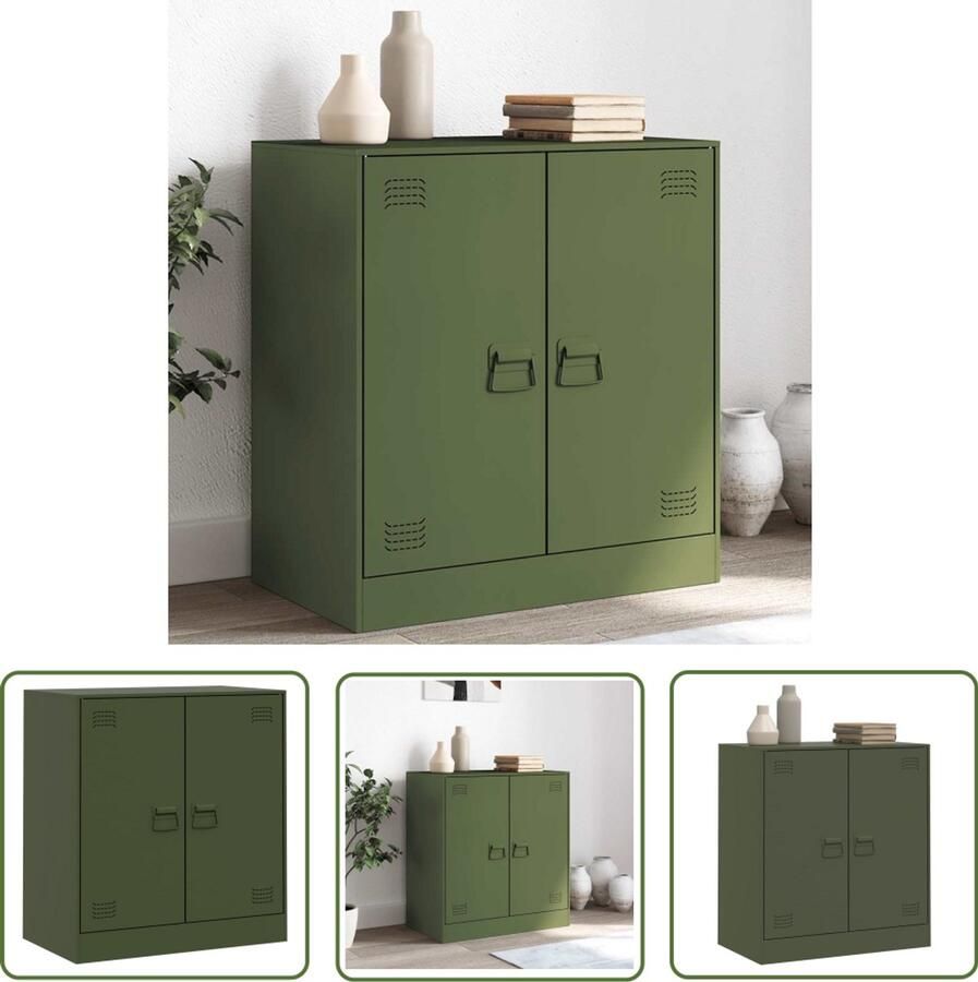 The Living Store Dressoir 67x39x73 cm staal olijfgroen Televisiescherm Kast Tv Meubel Mediacafe Salontafel Opbergkast