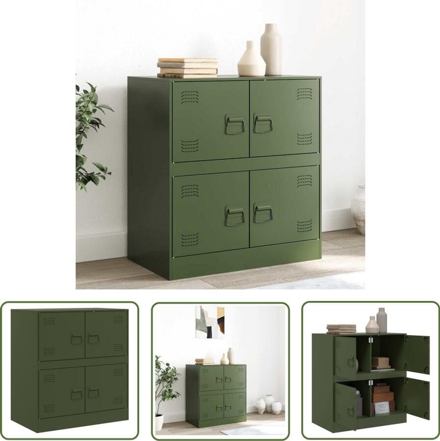 The Living Store Dressoir 67x39x73 cm staal olijfgroen TV-meubels Tv-kast Stalen Dressoir Olijfgroene Kast Opbergkast