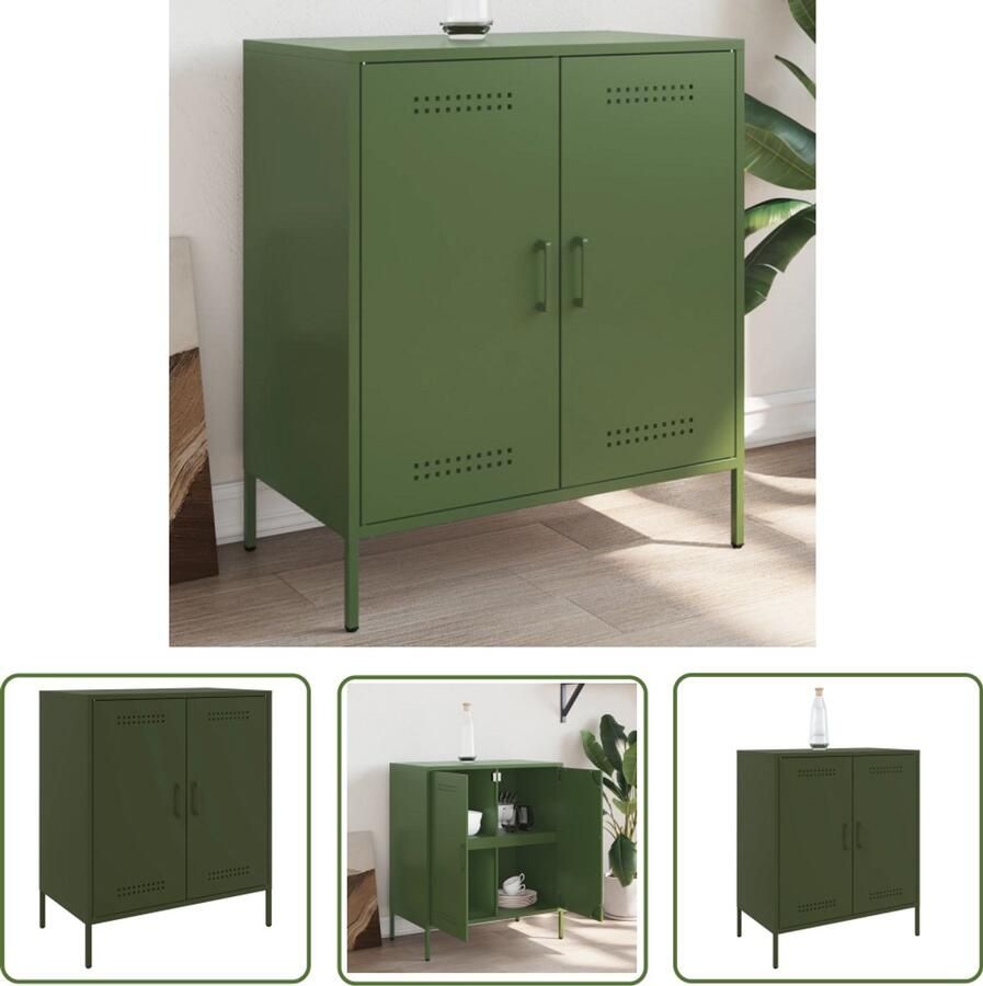 The Living Store Dressoir 68x39x79 cm staal olijfgroen Dressoir Industrieel Dressoir Olijfgroene Dressoir Metalen Dressoir Opbergkast
