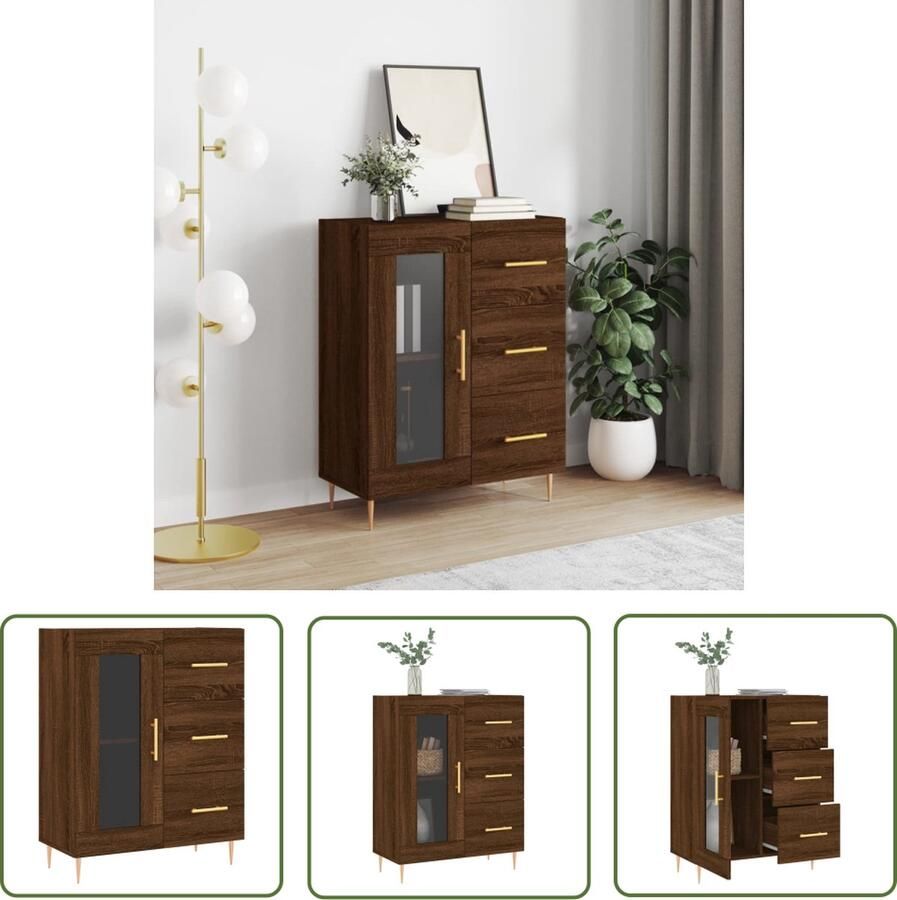 The Living Store Dressoir Classic Bruineiken 69.5 x 34 x 90 cm Hoge kwaliteit hout 3 lades 2 vakken Stofvrije opslag Metalen voeten Montage vereist