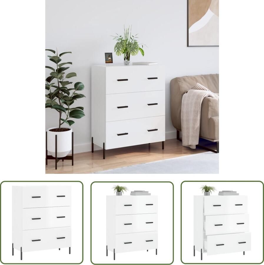 The Living Store Dressoir 69 5x34x90 cm bewerkt hout hoogglans wit Dressoir Buffetkast Kast Witte Kast Houten Dressoir